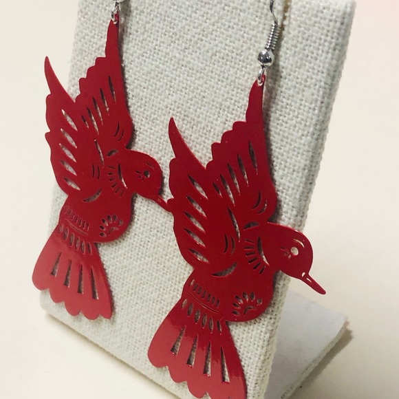 Mexican Red Earrings Dove Paloma Papel Picado Styl - Picture 2 of 2